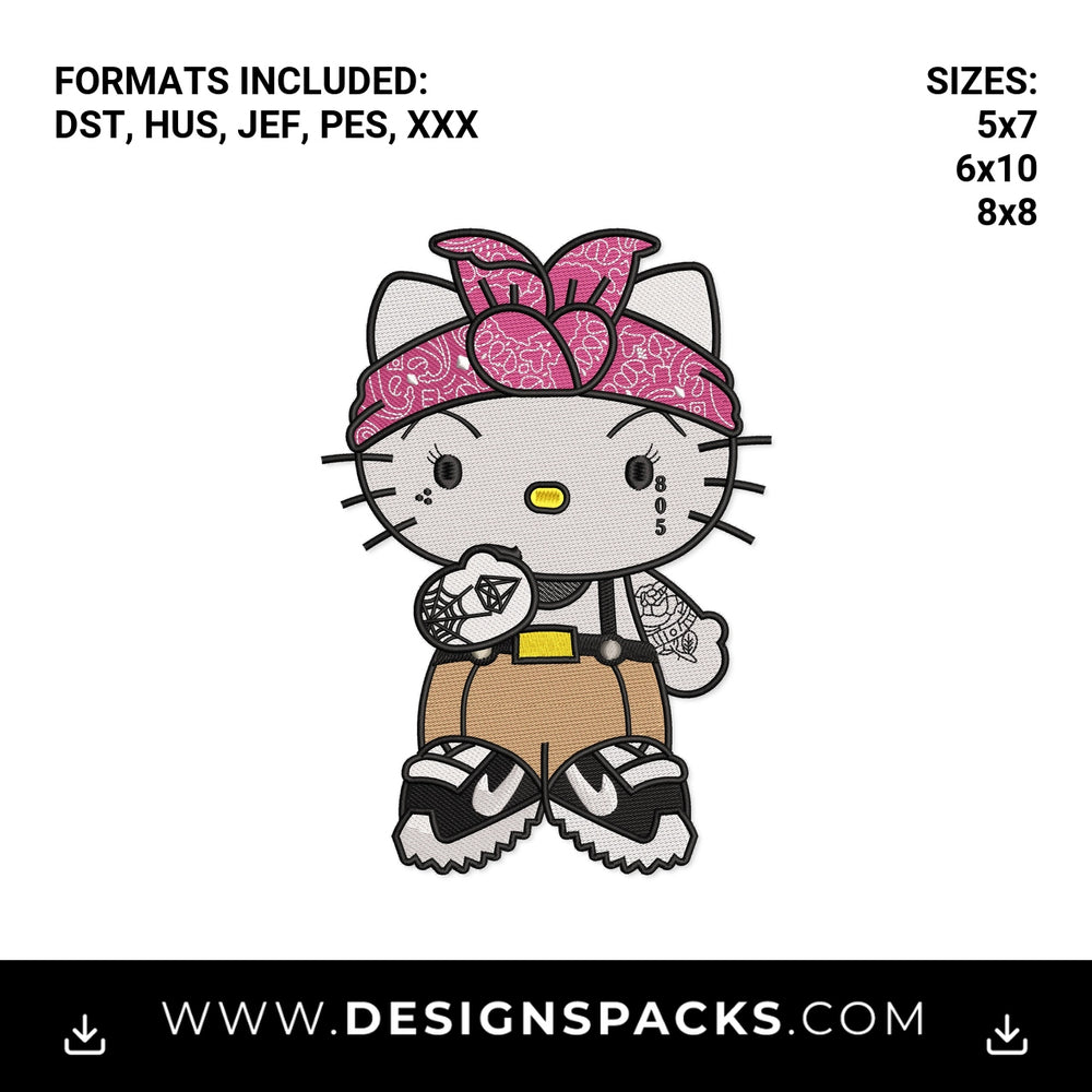 Tattooed Chola Kitty with Bandana Embroidery Design - Instant digital download pattern at Designspacks.com