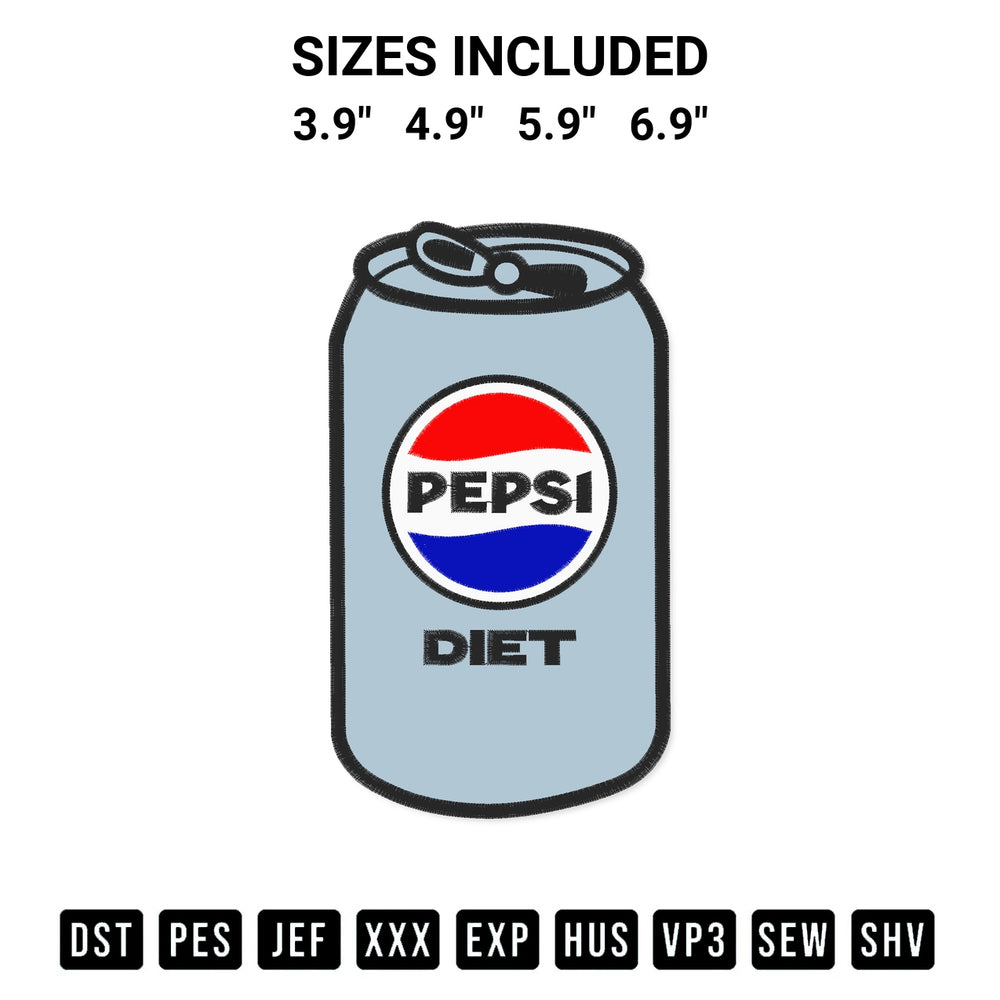 Transform your fabrics with the Diet Pepsi Can Embroidery Design embroidery design. Instant access to premium digitized patterns at Designspacks.com. Available sizes: 3.9", 4.9", 5.9", 6.9".