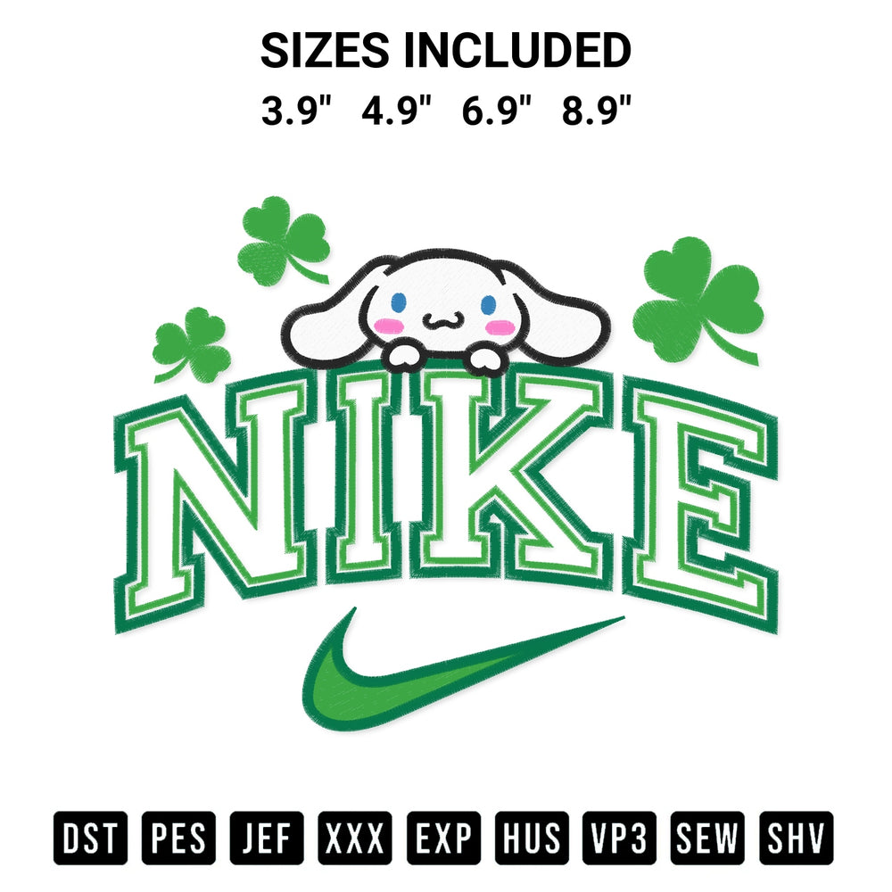 Transform your fabrics with the Cinnamoroll St Patricks Day X Nike Embroidery Design embroidery design. Instant access to premium digitized patterns at Designspacks.com. Available sizes: 3.9", 4.9", 6.9", 8.9".