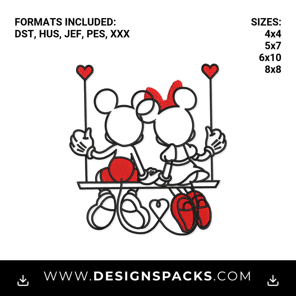 Mickey Minnie Love Couple On Swing Embroidery Design - Instant digital download pattern at Designspacks.com