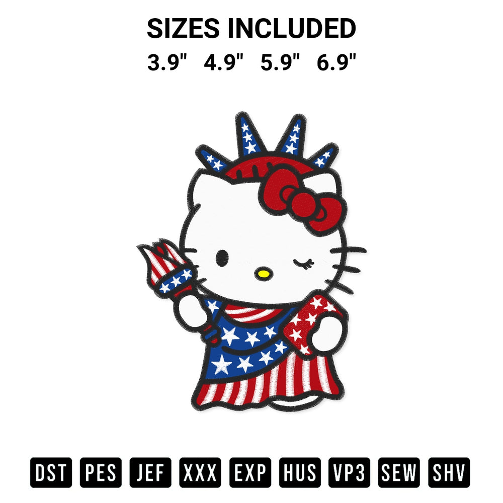 Discover the perfect addition to your crafting collection: Hello Kitty Statue Of Liberty Embroidery Design embroidery file. Instantly available at Designspacks.com. Available sizes: 3.9", 4.9", 5.9", 6.9".