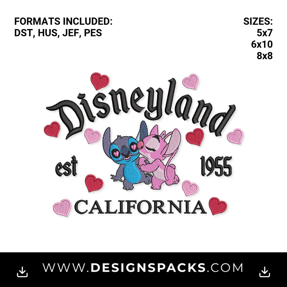 Disneyland California Stitch & Angel Hearts Embroidery Design - Instant digital download pattern at Designspacks.com