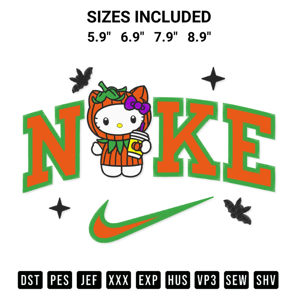 Create amazing crafts with the Pumpkin Hello Kitty Spice Latte Nike Embroidery Design embroidery file. High-quality digital download from Designspacks.com, perfect for beginners and pros. Available sizes: 5.9", 6.9", 7.9", 8.9".