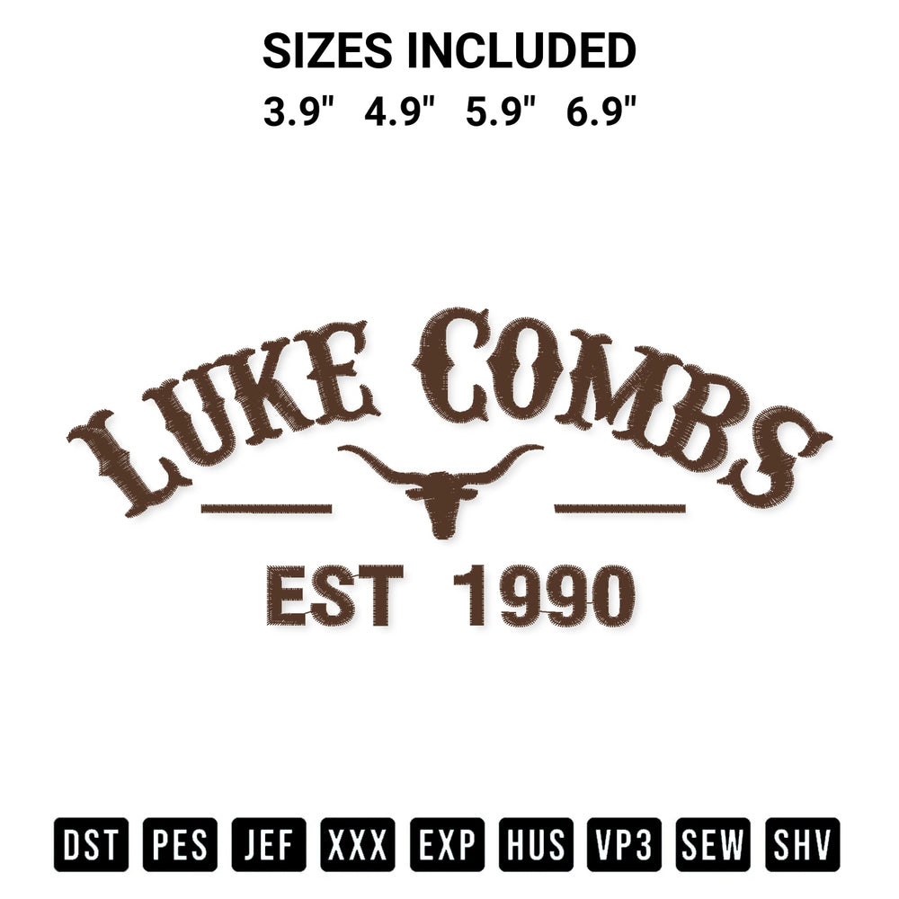 Transform your fabrics with the Vintage Luke Combs 1990 Bull Skull Luke Combs Embroidery Design embroidery design. Instant access to premium digitized patterns at Designspacks.com. Available sizes: 3.9", 4.9", 5.9", 6.9".