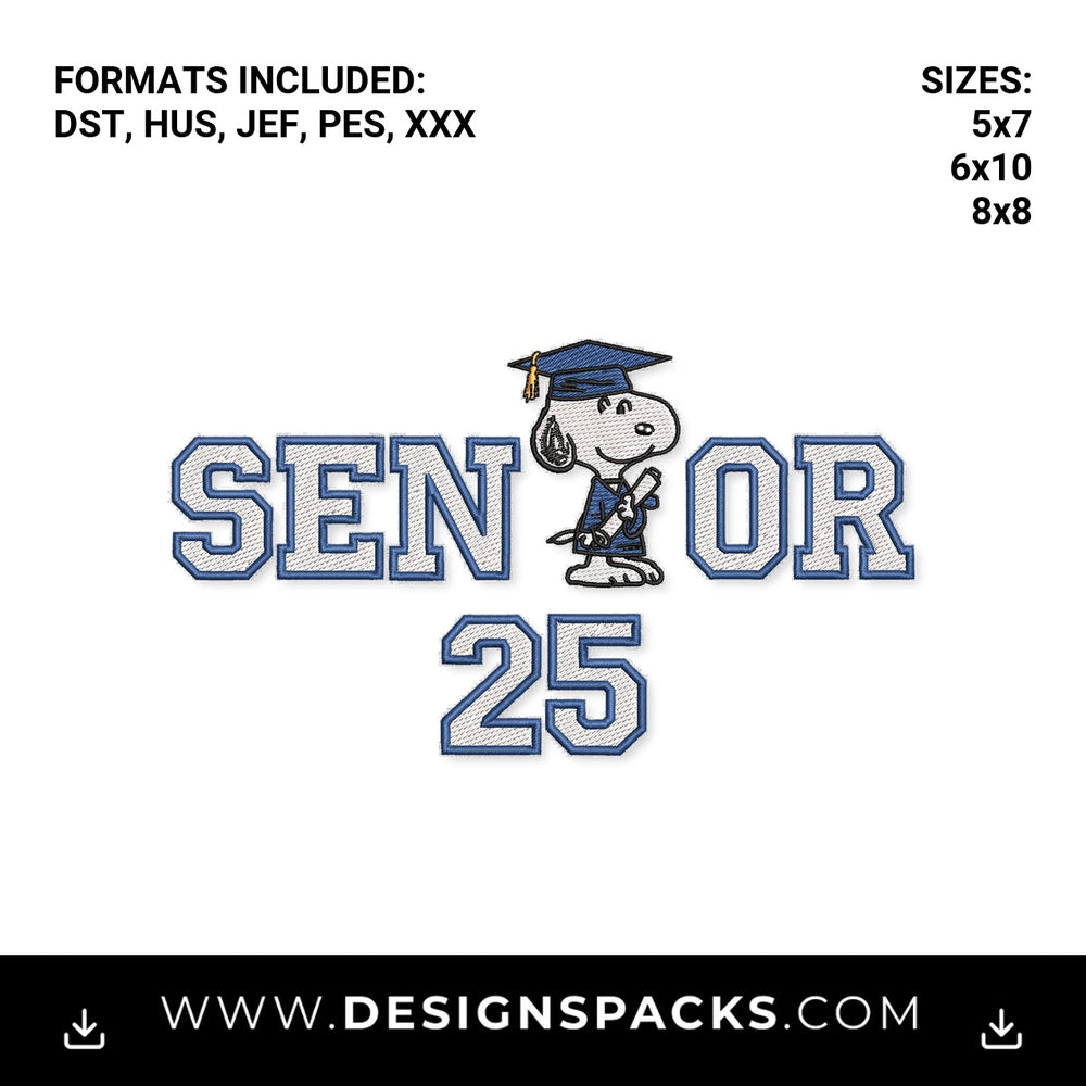Snoopy Senior 25 Graduation Embroidery Design - Instant digital download pattern at Designspacks.com