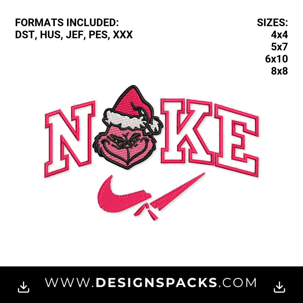 Pink Grinch Christmas Swoosh Logo Embroidery Design - Instant digital download pattern at Designspacks.com