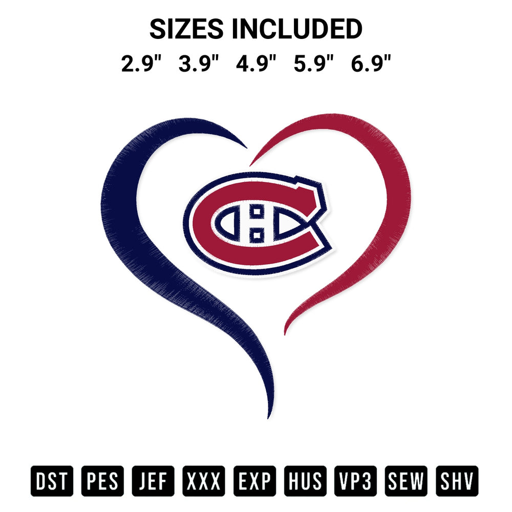 Add a unique touch to your apparel with the Montreal Canadiens Heart Nhl Embroidery Design embroidery file. Premium instant download available now on Designspacks.com. Available sizes: 2.9", 3.9", 4.9", 5.9", 6.9".