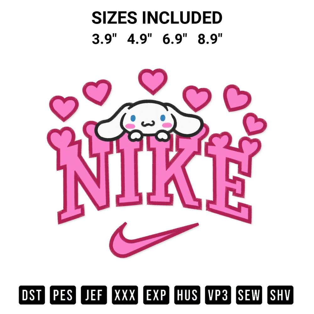 Get the Nike Cinnamoroll Hearts Embroidery Design embroidery design for your custom crafts! Premium digitized files available for instant download at Designspacks.com. Available sizes: 3.9", 4.9", 6.9", 8.9".
