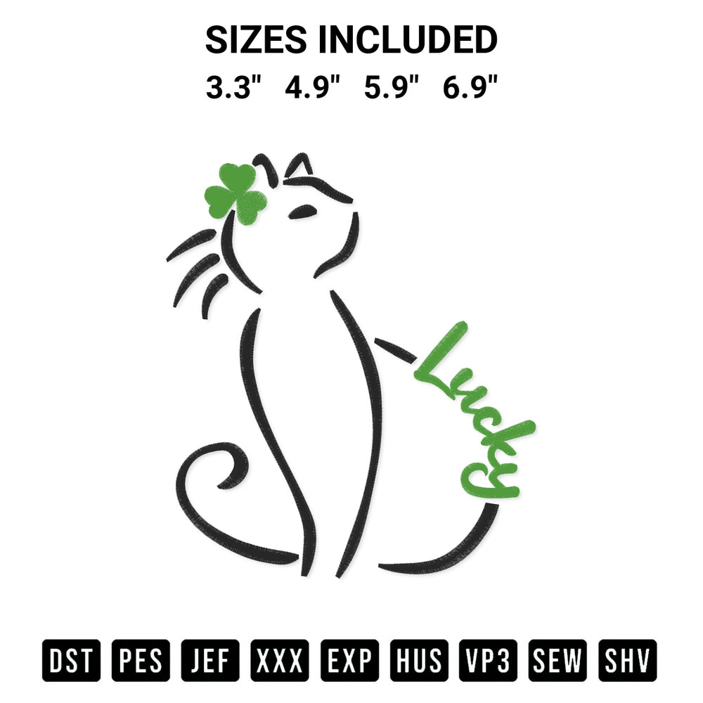 Transform your fabrics with the Lucky Cat St Patricks Day Cute Irish Kitten Shamrock Clover Embroidery Design embroidery design. Instant access to premium digitized patterns at Designspacks.com. Available sizes: 3.3", 4.9", 5.9", 6.9".