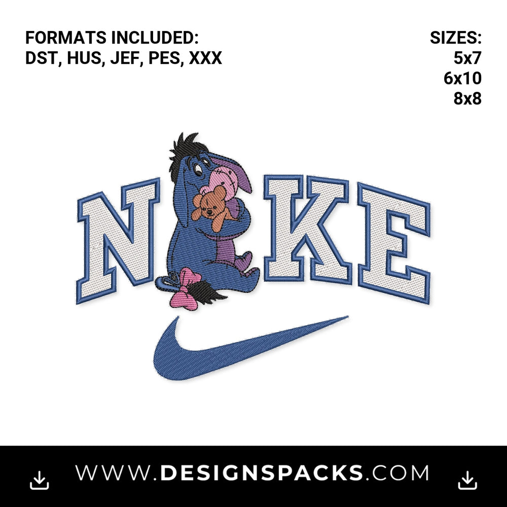 Eeyore Hugging Teddy Bear Swoosh Embroidery Design - Instant digital download pattern at Designspacks.com