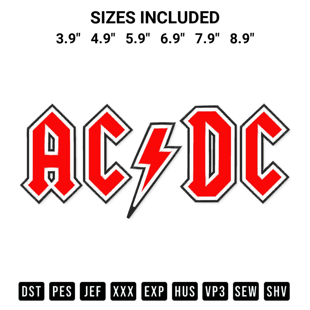 Create amazing crafts with the Acdc Band Logo Embroidery Design embroidery file. High-quality digital download from Designspacks.com, perfect for beginners and pros. Available sizes: 3.9", 4.9", 5.9", 6.9", 7.9", 8.9".