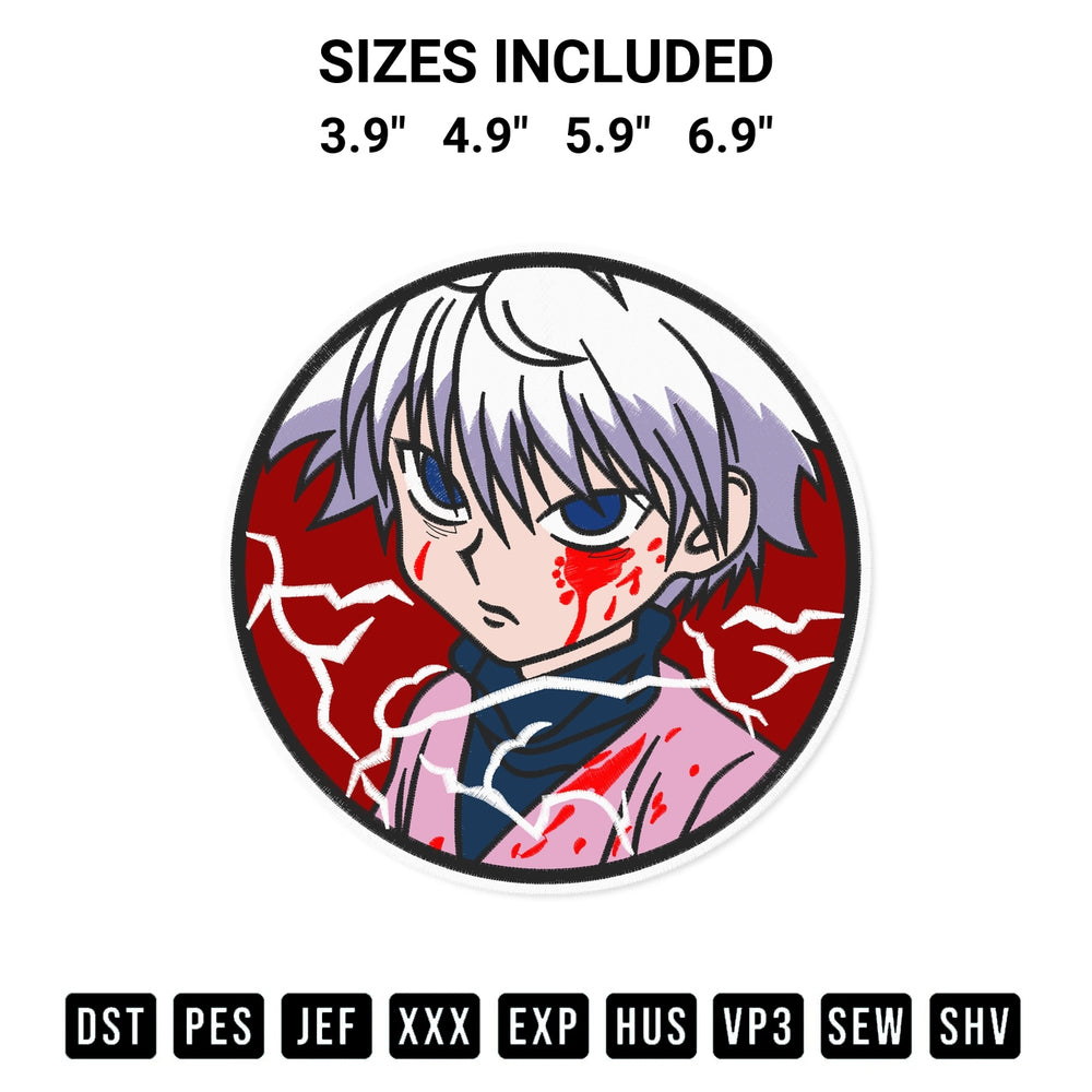 Elevate your next project with our Killua Zoldyck Circle Embroidery Design embroidery file. Shop high-quality digital patterns instantly at Designspacks.com. Available sizes: 3.9", 4.9", 5.9", 6.9".