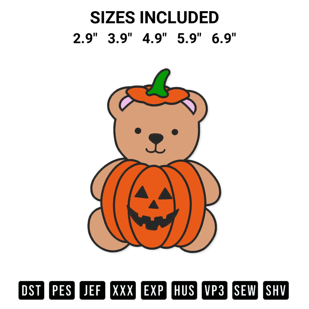 Stitch like a pro with the Halloween Pumpkin Bear Embroidery Design embroidery pattern from Designspacks.com. High-quality digital machine embroidery file. Available sizes: 2.9", 3.9", 4.9", 5.9", 6.9".