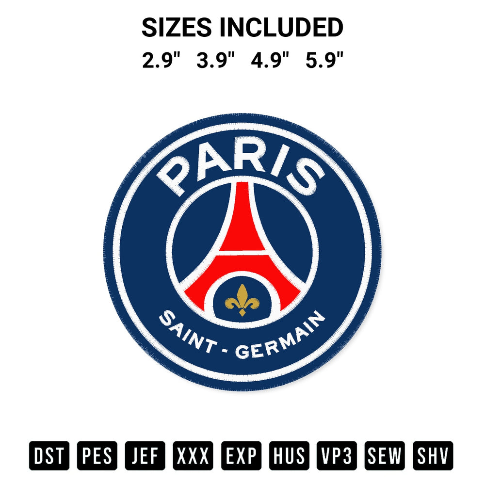Discover the perfect addition to your crafting collection: Paris Saint Germain Logo Embroidery Design embroidery file. Instantly available at Designspacks.com. Available sizes: 2.9", 3.9", 4.9", 5.9".
