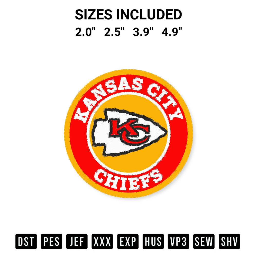 Transform your fabrics with the Nfl Kansas City Chiefs Logo Embroidery Design embroidery design. Instant access to premium digitized patterns at Designspacks.com. Available sizes: 2.0", 2.5", 3.9", 4.9".