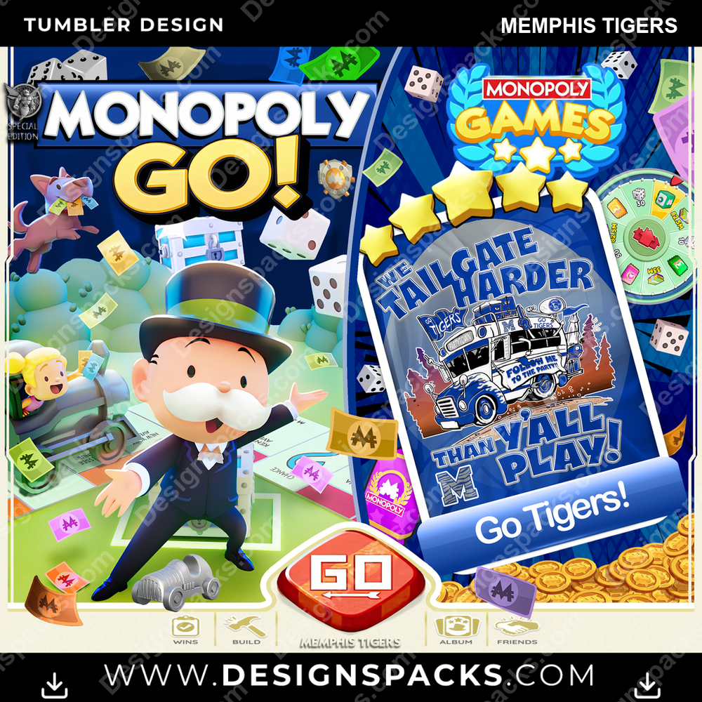 College Sport Monopoly Go! Memphis Tigers NCAA College Sport Tumbler Digital Wrap Design Download