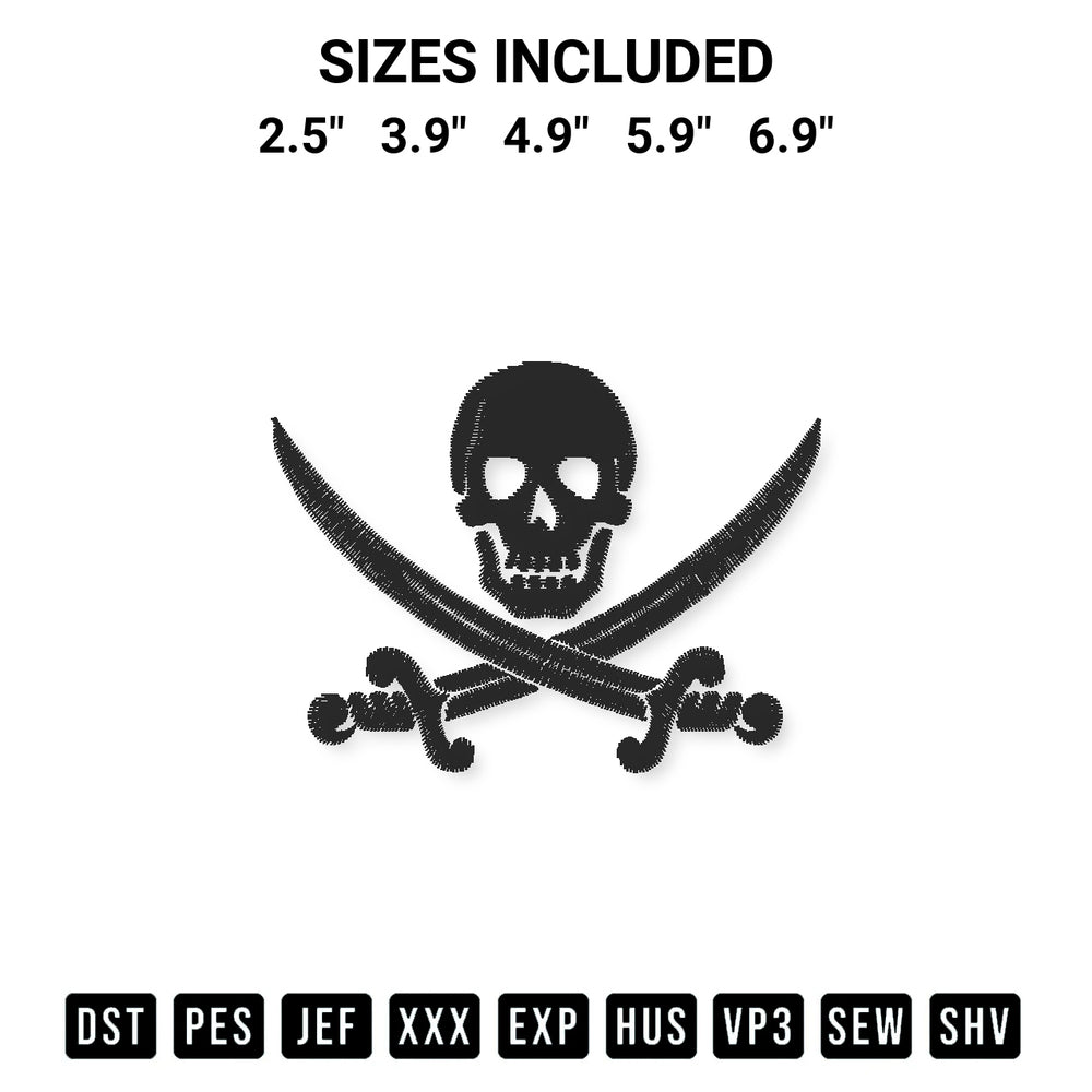 Transform your fabrics with the Calico Jack Jolly Roger Embroidery Design embroidery design. Instant access to premium digitized patterns at Designspacks.com. Available sizes: 2.5", 3.9", 4.9", 5.9", 6.9".