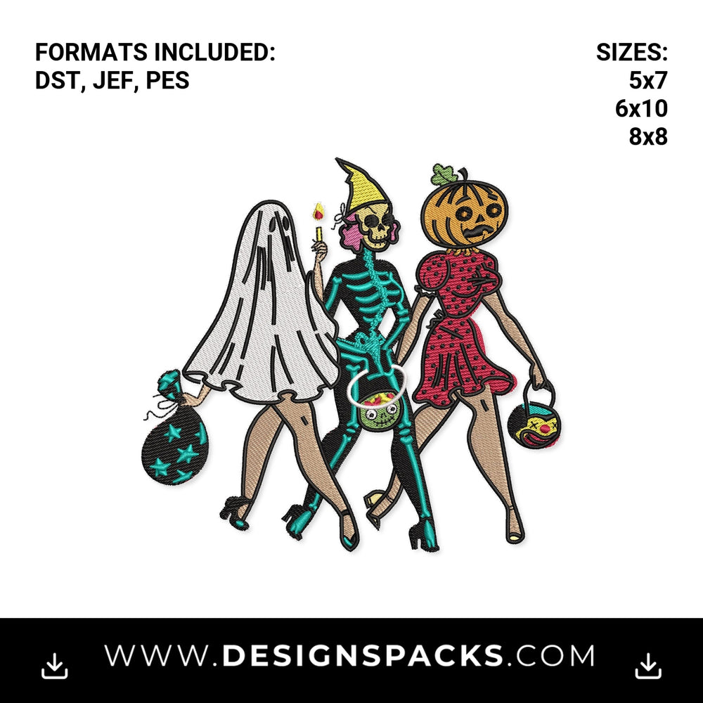 Halloween Ghost Skeleton Pumpkin Besties Embroidery Design - Instant digital download pattern at Designspacks.com