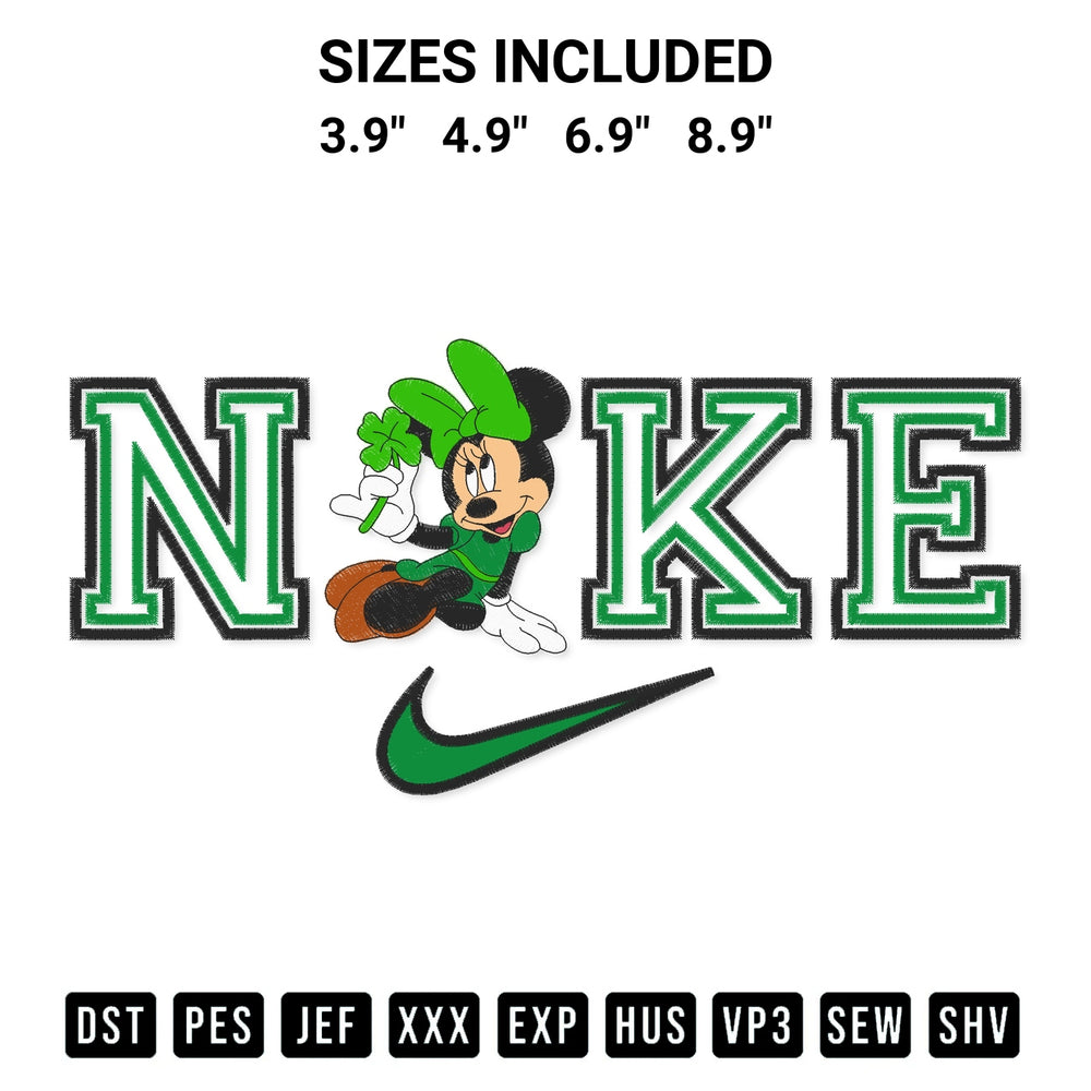 Create amazing crafts with the Nike Minnie Shamrock Embroidery Design embroidery file. High-quality digital download from Designspacks.com, perfect for beginners and pros. Available sizes: 3.9", 4.9", 6.9", 8.9".
