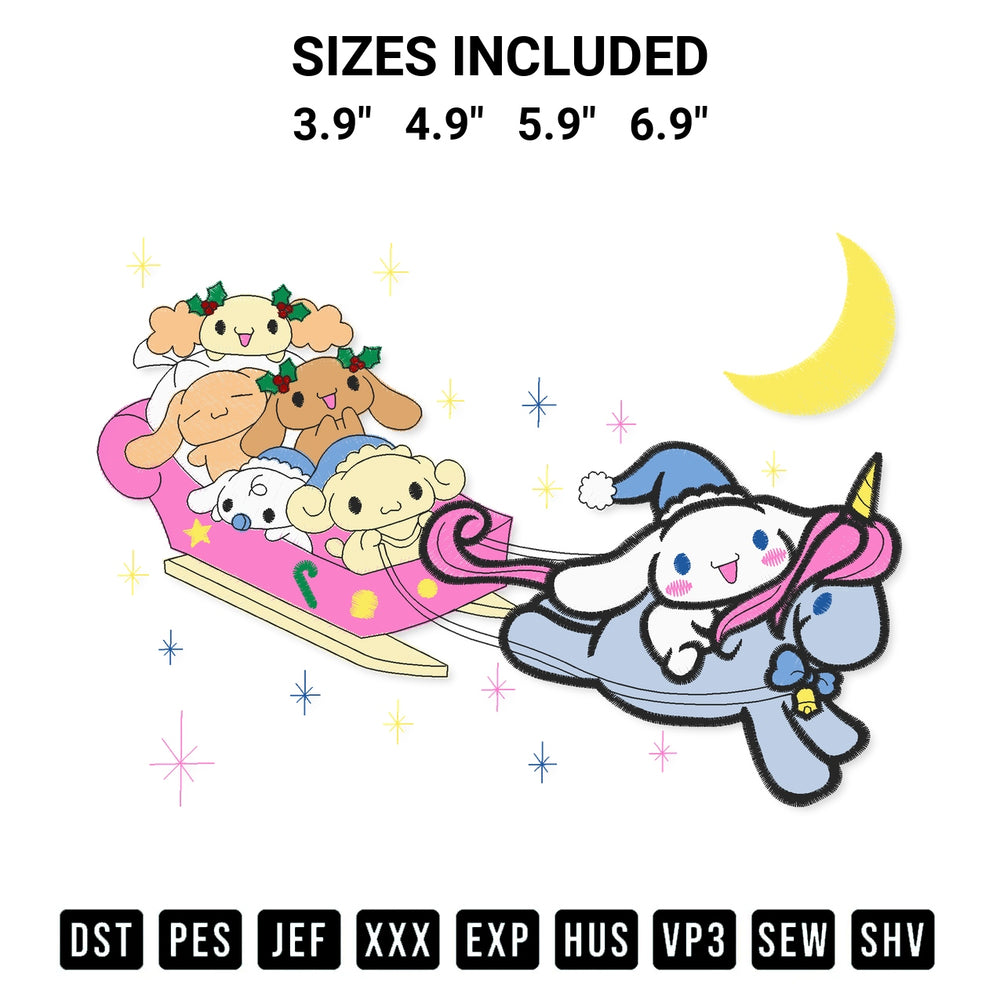 Create amazing crafts with the Christmas Unicorn Ride Cinnamoroll And Friends Embroidery Design embroidery file. High-quality digital download from Designspacks.com, perfect for beginners and pros. Available sizes: 3.9", 4.9", 5.9", 6.9".