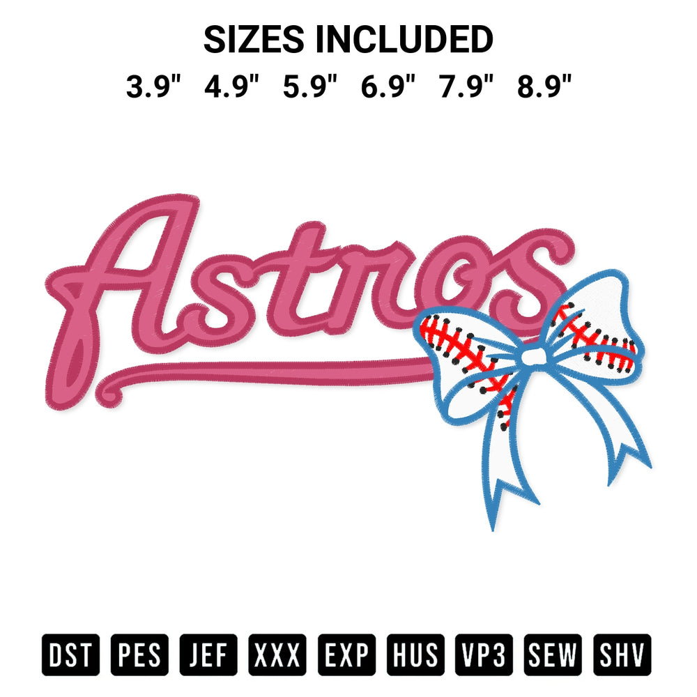 Add a unique touch to your apparel with the Astros With Bow Baseball Embroidery Design embroidery file. Premium instant download available now on Designspacks.com. Available sizes: 3.9", 4.9", 5.9", 6.9", 7.9", 8.9".