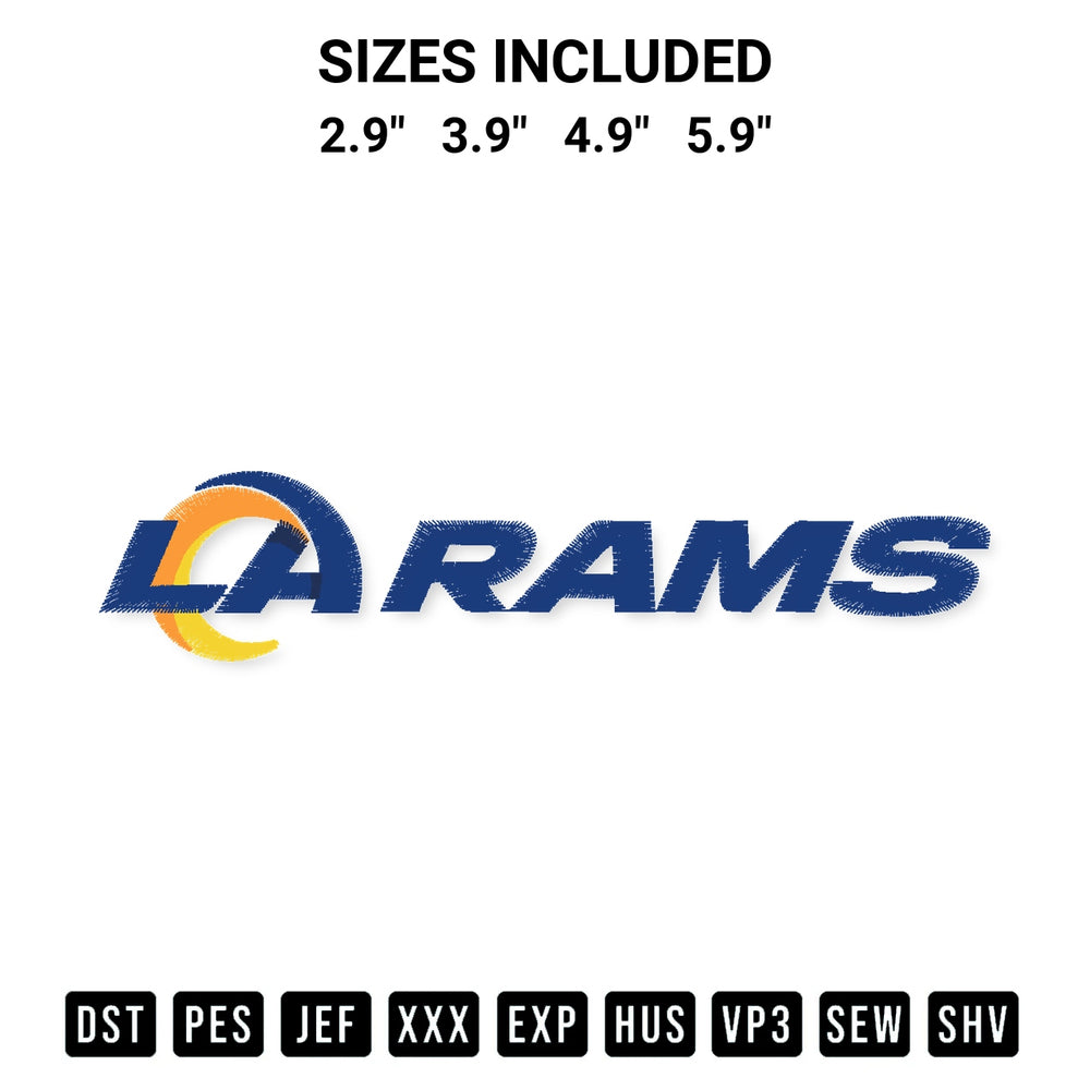 Shop the Los Angeles Rams Wordmark Embroidery Design machine embroidery pattern at Designspacks.com. Beautifully digitized for flawless stitching on any fabric. Available sizes: 2.9", 3.9", 4.9", 5.9".