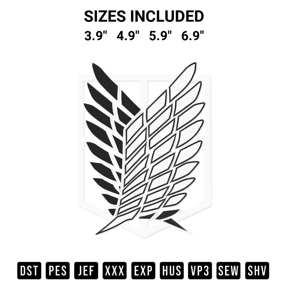 Discover the perfect addition to your crafting collection: Attack On Titan Wings Embroidery Design embroidery file. Instantly available at Designspacks.com. Available sizes: 3.9", 4.9", 5.9", 6.9".