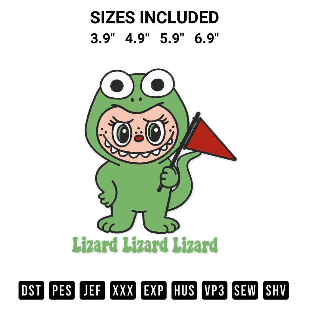 Discover the perfect addition to your crafting collection: Labubu Lizard Costume Embroidery Design embroidery file. Instantly available at Designspacks.com. Available sizes: 3.9", 4.9", 5.9", 6.9".