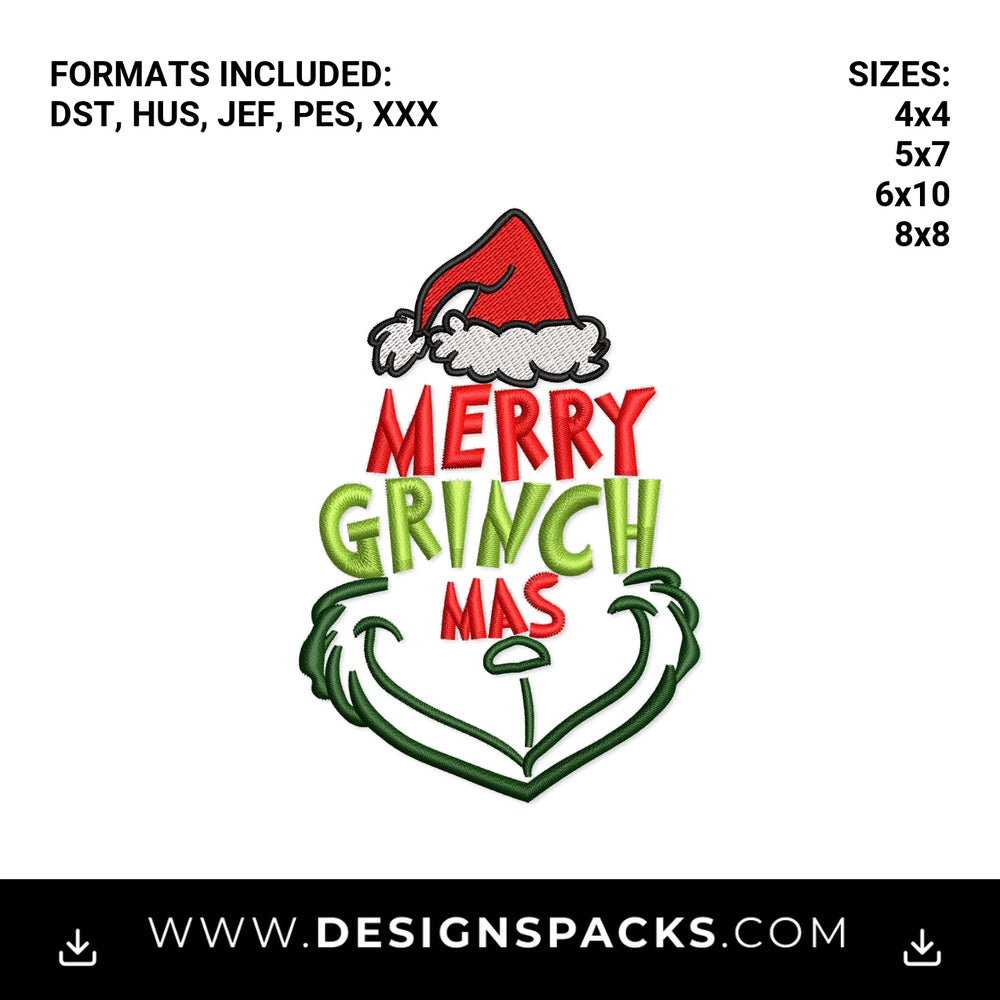 Merry Grinchmas Face with Santa Hat Embroidery Design - Instant digital download pattern at Designspacks.com