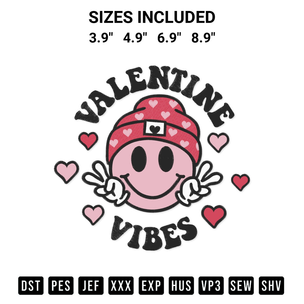 Stitch like a pro with the Valentine Vibes Smiley Face Embroidery Design embroidery pattern from Designspacks.com. High-quality digital machine embroidery file. Available sizes: 3.9", 4.9", 6.9", 8.9".