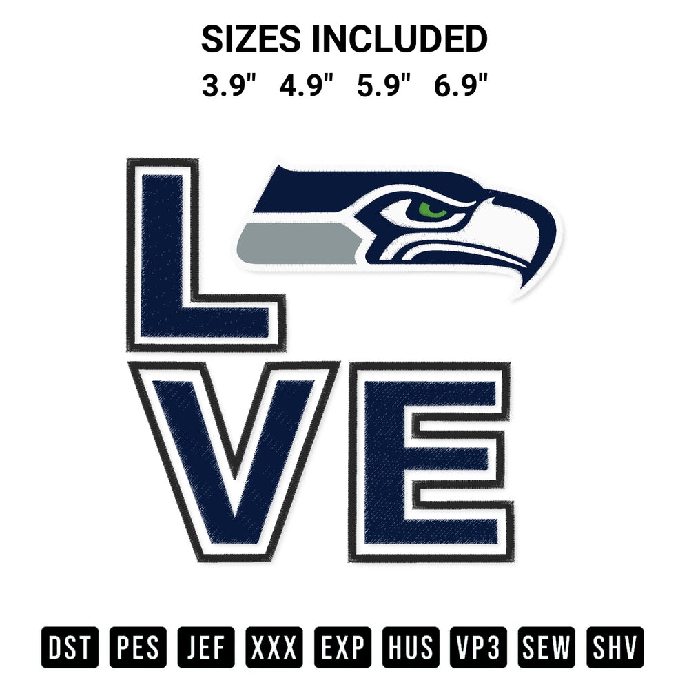 Discover the perfect addition to your crafting collection: Love Seattle Seahawks Embroidery Design embroidery file. Instantly available at Designspacks.com. Available sizes: 3.9", 4.9", 5.9", 6.9".