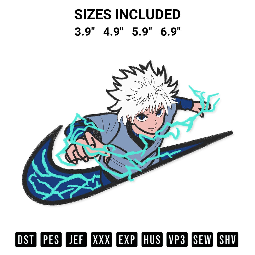 Add a unique touch to your apparel with the Swoosh Zoldyck Killua Embroidery Design embroidery file. Premium instant download available now on Designspacks.com. Available sizes: 3.9", 4.9", 5.9", 6.9".