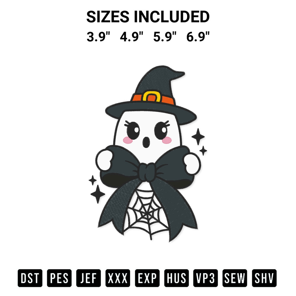Download the Halloween Ghost Witch Coquette Embroidery Design machine embroidery design exclusively at Designspacks.com. Premium digitized pattern for apparel and DIY crafts. Available sizes: 3.9", 4.9", 5.9", 6.9".