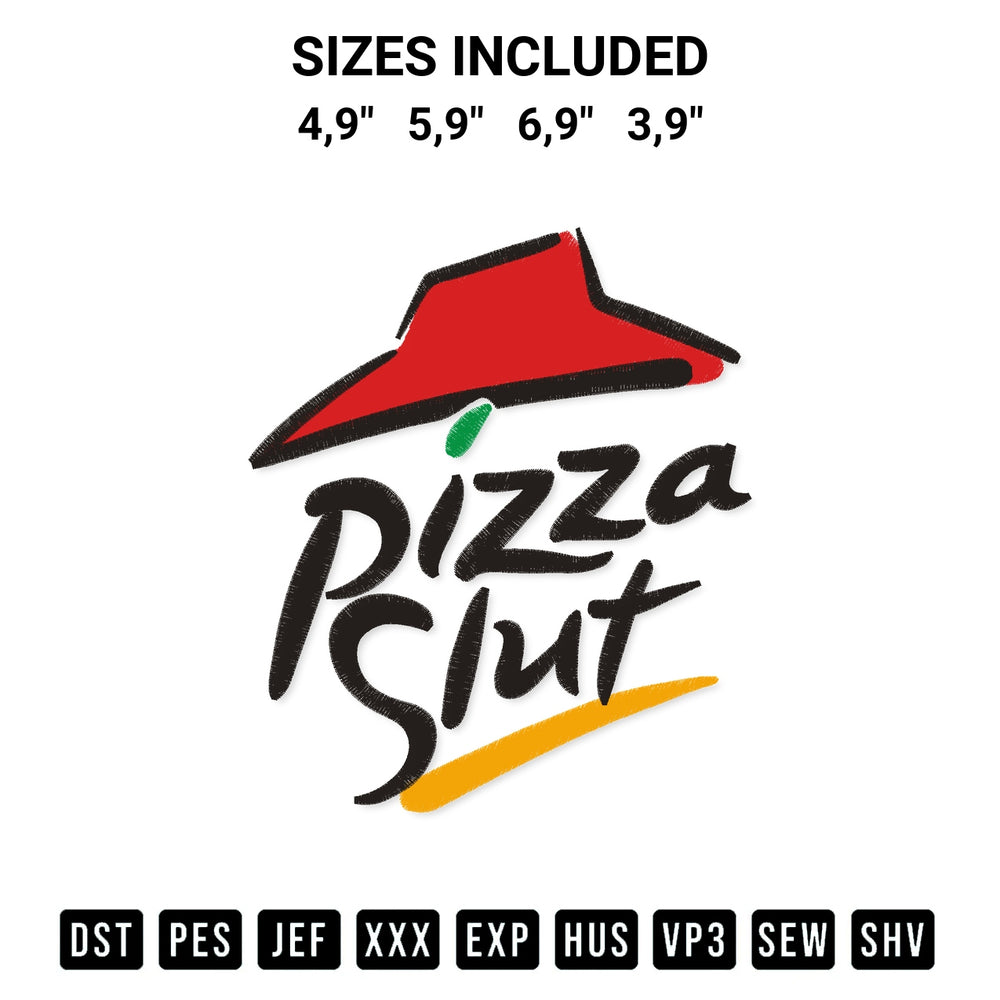 Elevate your next project with our Pizza Slut Logo Embroidery Design embroidery file. Shop high-quality digital patterns instantly at Designspacks.com. Available sizes: 4,9", 5,9", 6,9", 3,9".