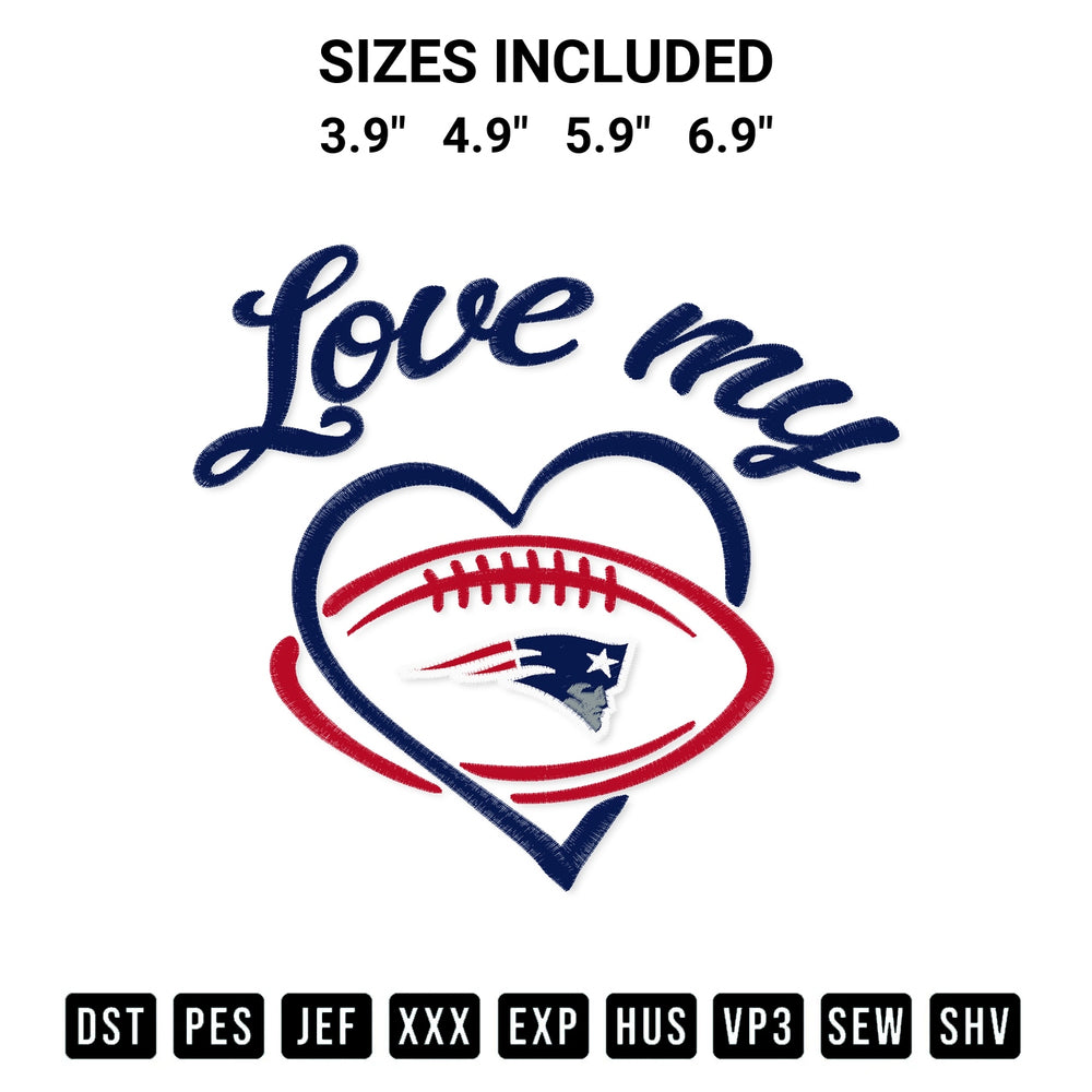 Discover the perfect addition to your crafting collection: Love My New England Patriots Embroidery Design embroidery file. Instantly available at Designspacks.com. Available sizes: 3.9", 4.9", 5.9", 6.9".