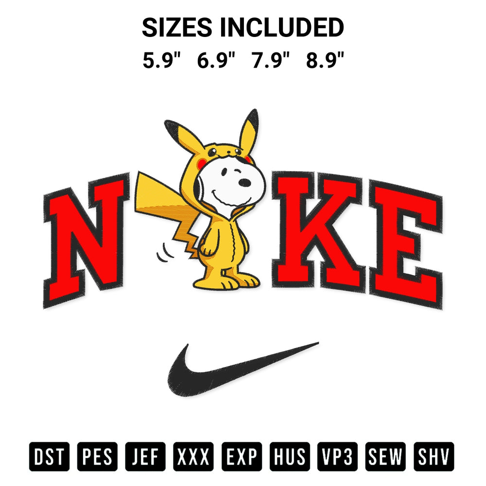 Shop the Snoopy Pikachu X Nike Embroidery Design machine embroidery pattern at Designspacks.com. Beautifully digitized for flawless stitching on any fabric. Available sizes: 5.9", 6.9", 7.9", 8.9".