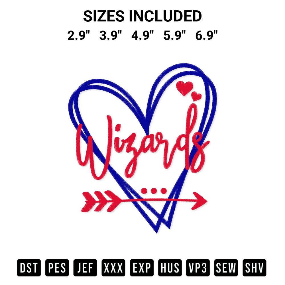 Download the Washington Wizards Heart Embroidery Design machine embroidery design exclusively at Designspacks.com. Premium digitized pattern for apparel and DIY crafts. Available sizes: 2.9", 3.9", 4.9", 5.9", 6.9".