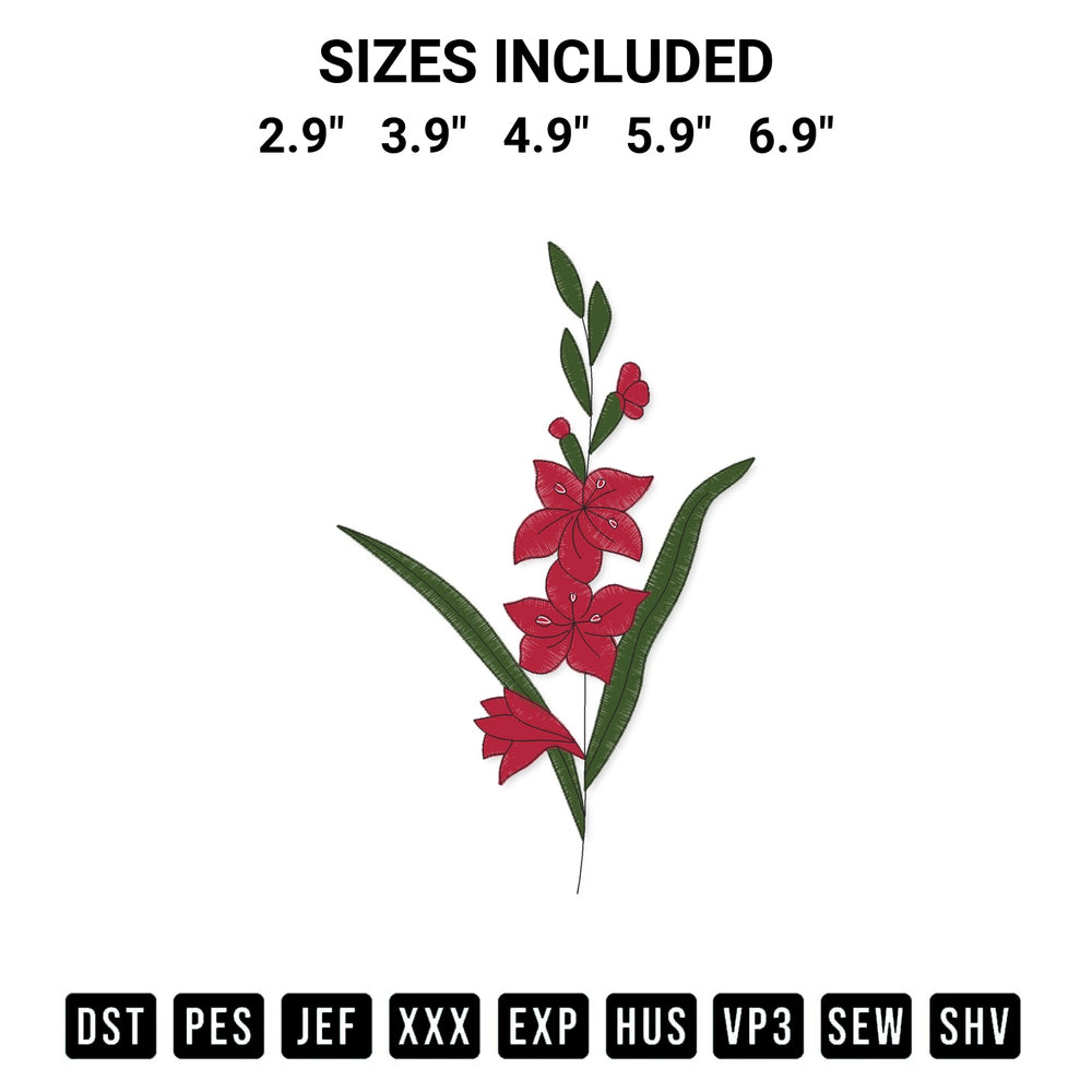 Add a unique touch to your apparel with the Gladiolus Flower Embroidery Design embroidery file. Premium instant download available now on Designspacks.com. Available sizes: 2.9", 3.9", 4.9", 5.9", 6.9".
