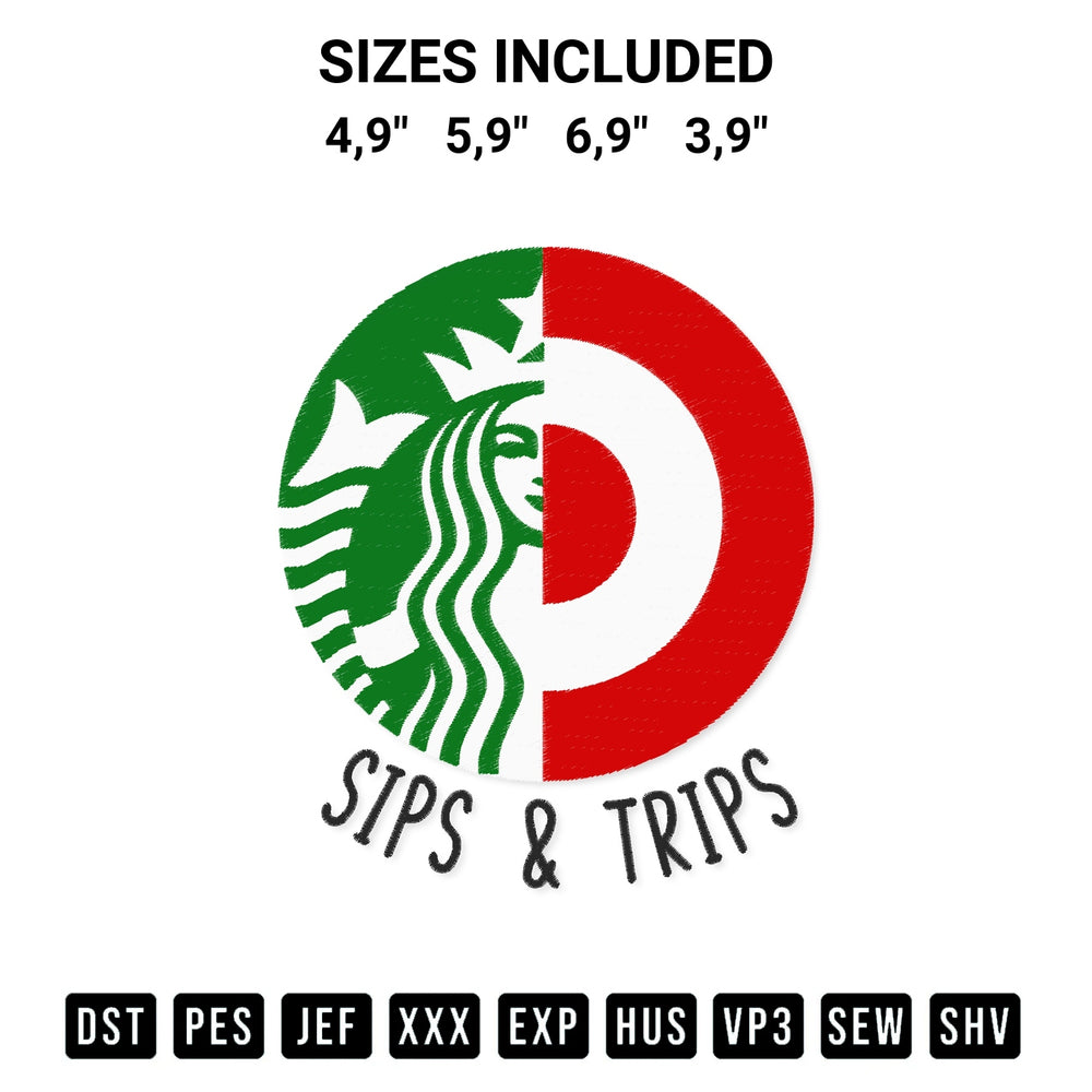 Transform your fabrics with the Starbucks And Targets Sips And Trips Logo Embroidery Design embroidery design. Instant access to premium digitized patterns at Designspacks.com. Available sizes: 4,9", 5,9", 6,9", 3,9".