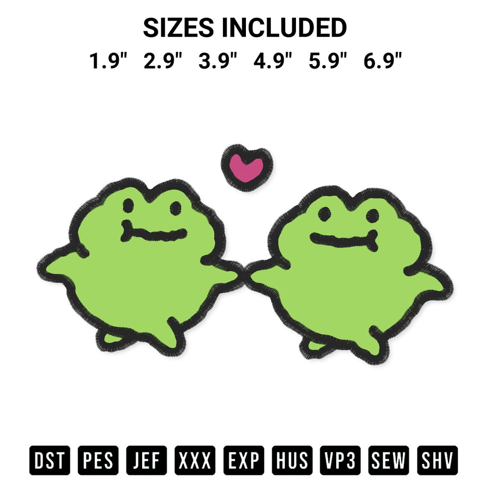Download the Cute Couple Frog With Heart Embroidery Design machine embroidery design exclusively at Designspacks.com. Premium digitized pattern for apparel and DIY crafts. Available sizes: 1.9", 2.9", 3.9", 4.9", 5.9", 6.9".