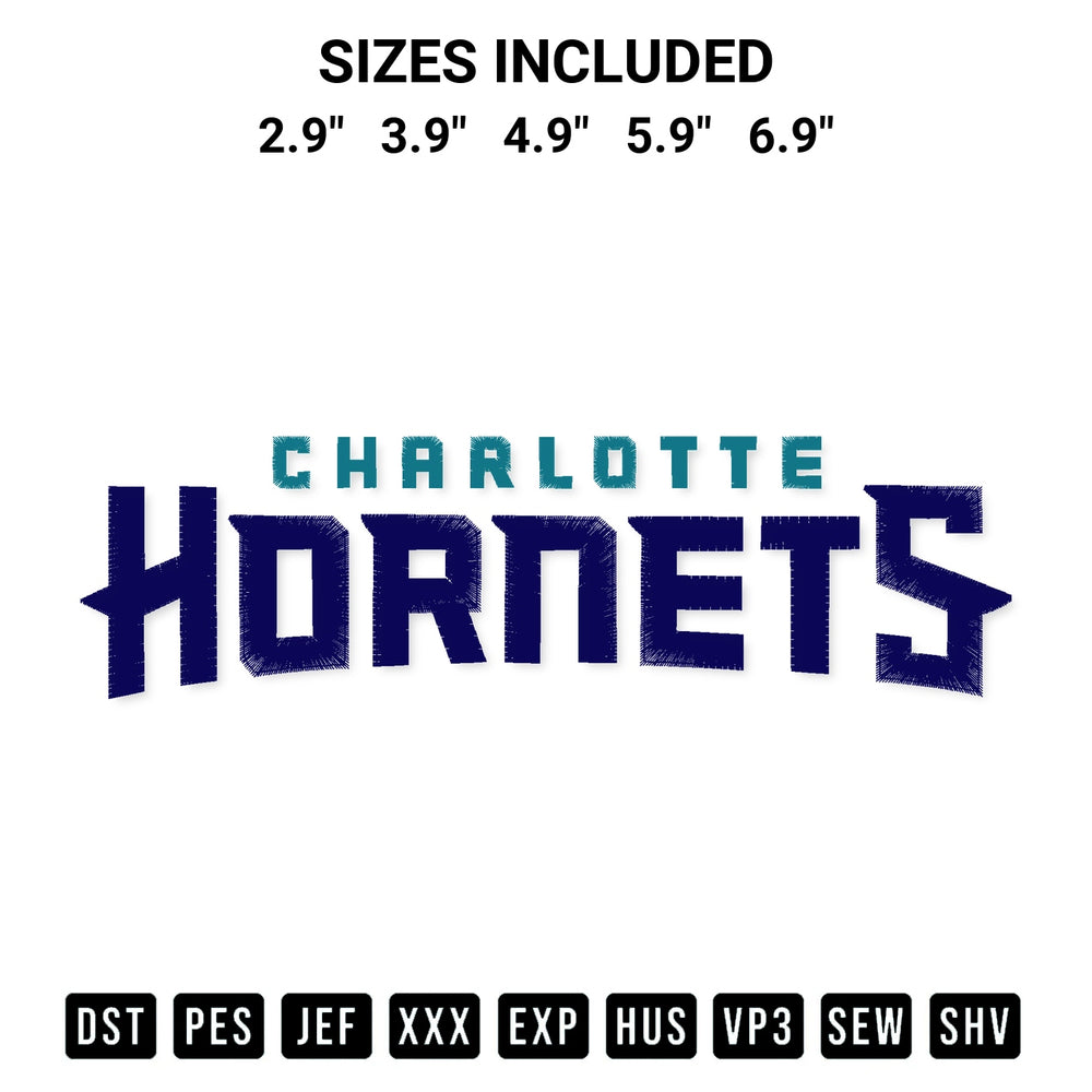 Add a unique touch to your apparel with the Charlotte Hornets Wordmark Embroidery Design embroidery file. Premium instant download available now on Designspacks.com. Available sizes: 2.9", 3.9", 4.9", 5.9", 6.9".