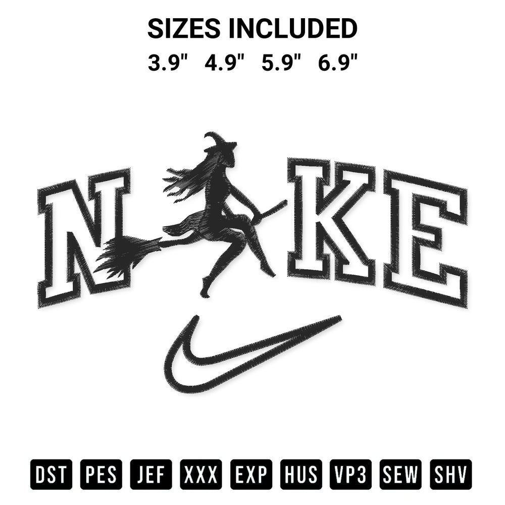Shop the Nike Witch Halloween Embroidery Design machine embroidery pattern at Designspacks.com. Beautifully digitized for flawless stitching on any fabric. Available sizes: 3.9", 4.9", 5.9", 6.9".