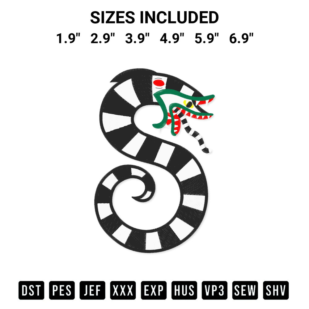 Shop the Beetlejuice Snake Embroidery Design machine embroidery pattern at Designspacks.com. Beautifully digitized for flawless stitching on any fabric. Available sizes: 1.9", 2.9", 3.9", 4.9", 5.9", 6.9".