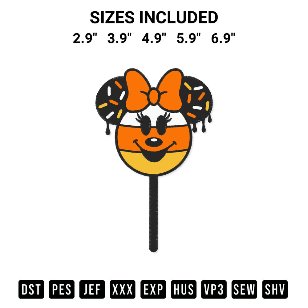 Stitch like a pro with the Minnie Mouse Candy Corn Embroidery Design embroidery pattern from Designspacks.com. High-quality digital machine embroidery file. Available sizes: 2.9", 3.9", 4.9", 5.9", 6.9".