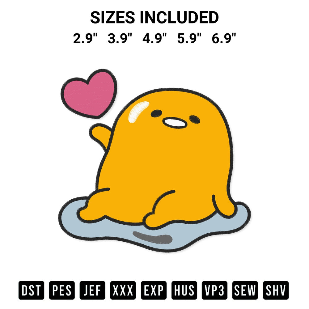 Discover the perfect addition to your crafting collection: Gudetama In Love Embroidery Design embroidery file. Instantly available at Designspacks.com. Available sizes: 2.9", 3.9", 4.9", 5.9", 6.9".