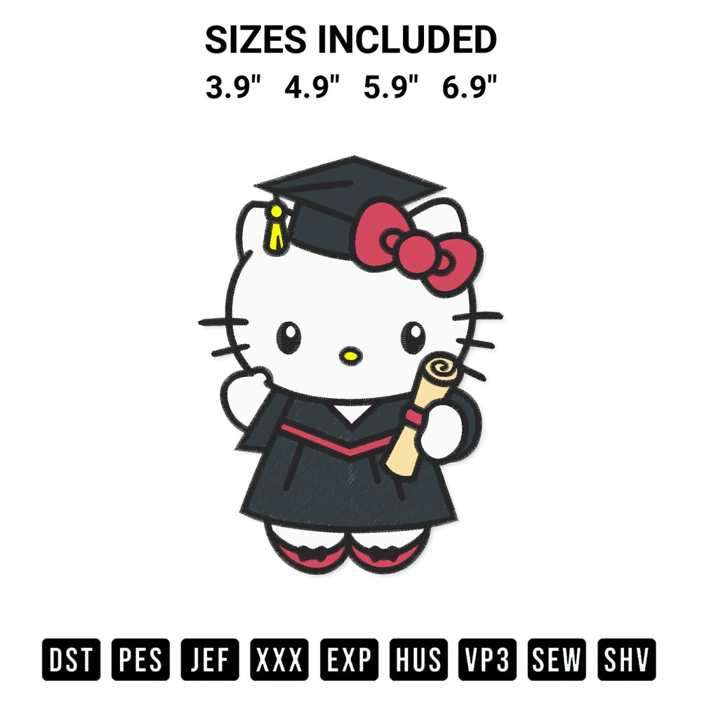 Create amazing crafts with the Graduate Hello Kitty Embroidery Design embroidery file. High-quality digital download from Designspacks.com, perfect for beginners and pros. Available sizes: 3.9", 4.9", 5.9", 6.9".
