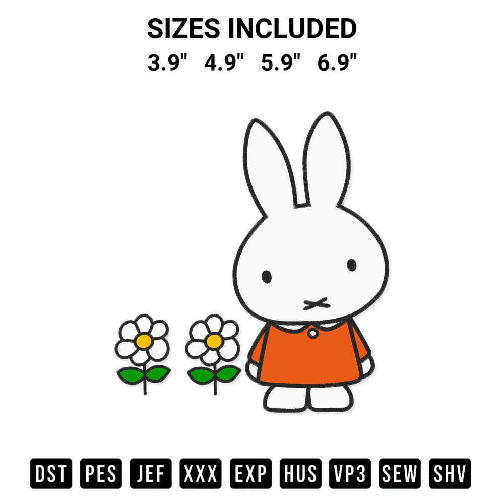 Download the Miffy With Flowers Embroidery Design machine embroidery design exclusively at Designspacks.com. Premium digitized pattern for apparel and DIY crafts. Available sizes: 3.9", 4.9", 5.9", 6.9".