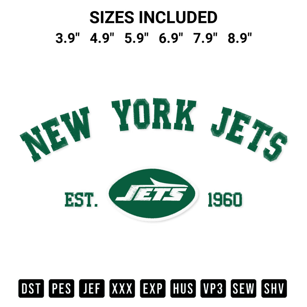 Add a unique touch to your apparel with the New York Jets Est 1960 Embroidery Design embroidery file. Premium instant download available now on Designspacks.com. Available sizes: 3.9", 4.9", 5.9", 6.9", 7.9", 8.9".