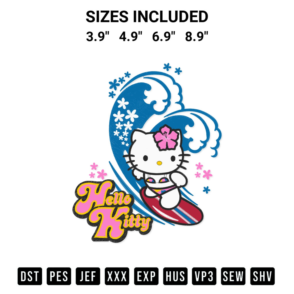 Looking for the perfect pattern? Download the Hello Kitty Surfing Embroidery Design embroidery design today at Designspacks.com. Crisp, clean stitching guaranteed. Available sizes: 3.9", 4.9", 6.9", 8.9".
