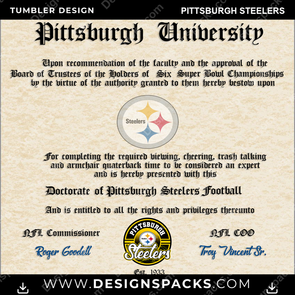 Football Diploma Pittsburgh Steelers Tumbler Digital Wrap Design